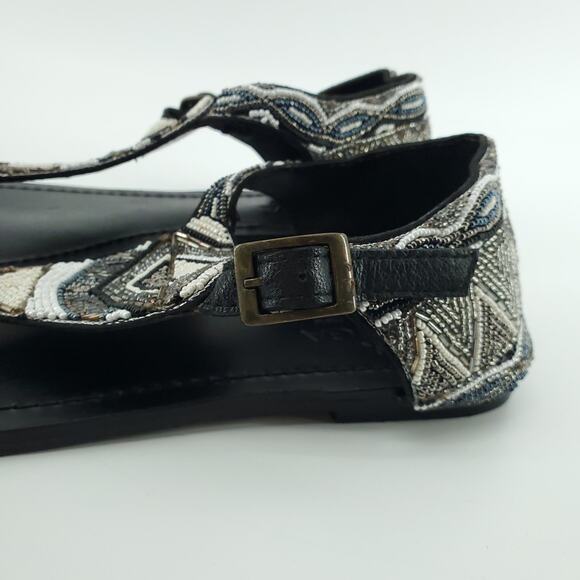 Aspiga Black Silver White T-Strap Hand-beaded Ankle Cuff Sandals Buckle Clasp 38 - Picture 8 of 11